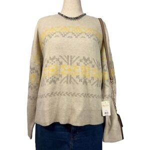 NWT Lucky Brand Fair Isle Sweater Womens XL Cream Yellow Gray Soft Knit Pullover